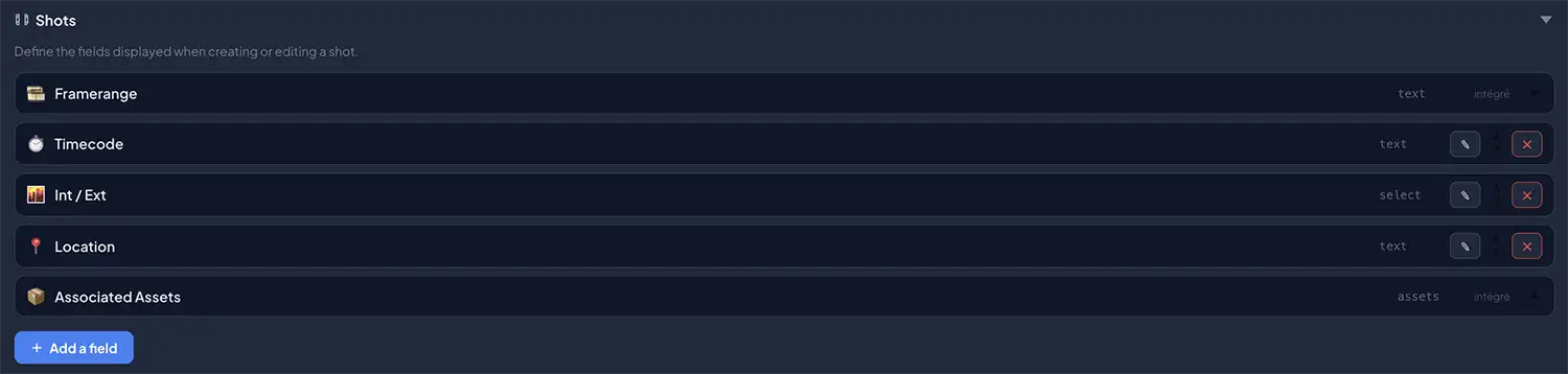Custom fields for shots